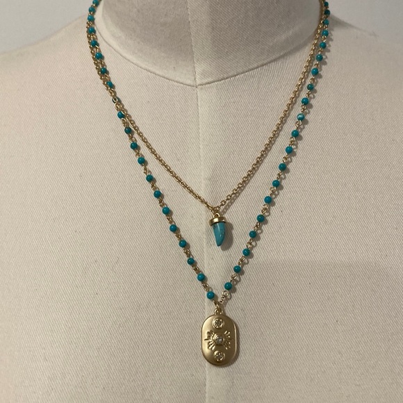 NWT Lucky Brand double tier tag and horn turquoise pendant necklace - Picture 3 of 6